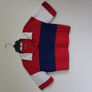 Red and blue color block cropped polo